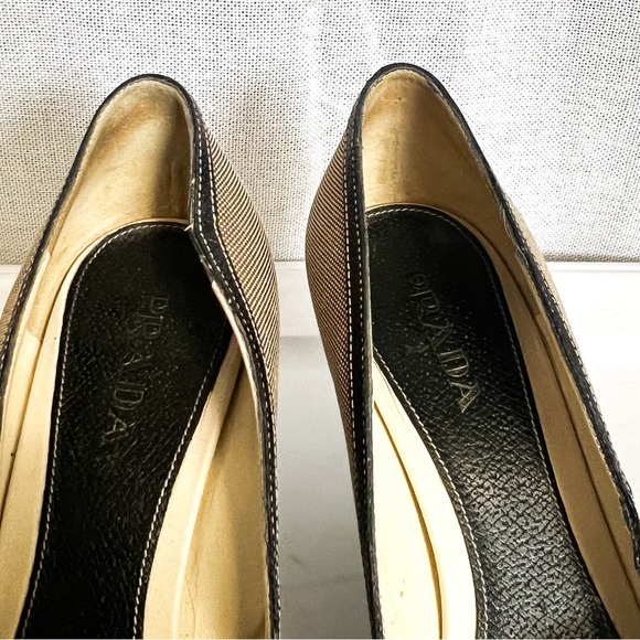 Vintage Prada Brown Buckle Canvas Leather Peep Toe Kitten Heels - Picture 4 of 12